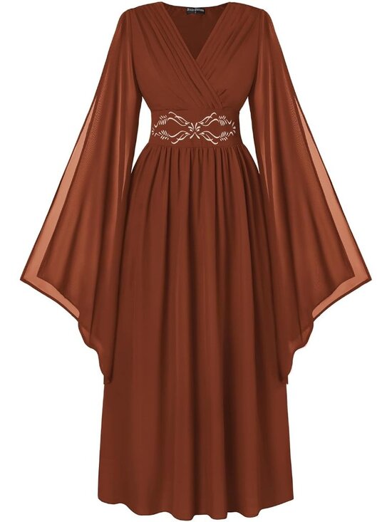 Dresses & Skirts - Women's Pumpkin Orange Bell Sleeve Wrap V Neck Medieval Imported Costume Dress